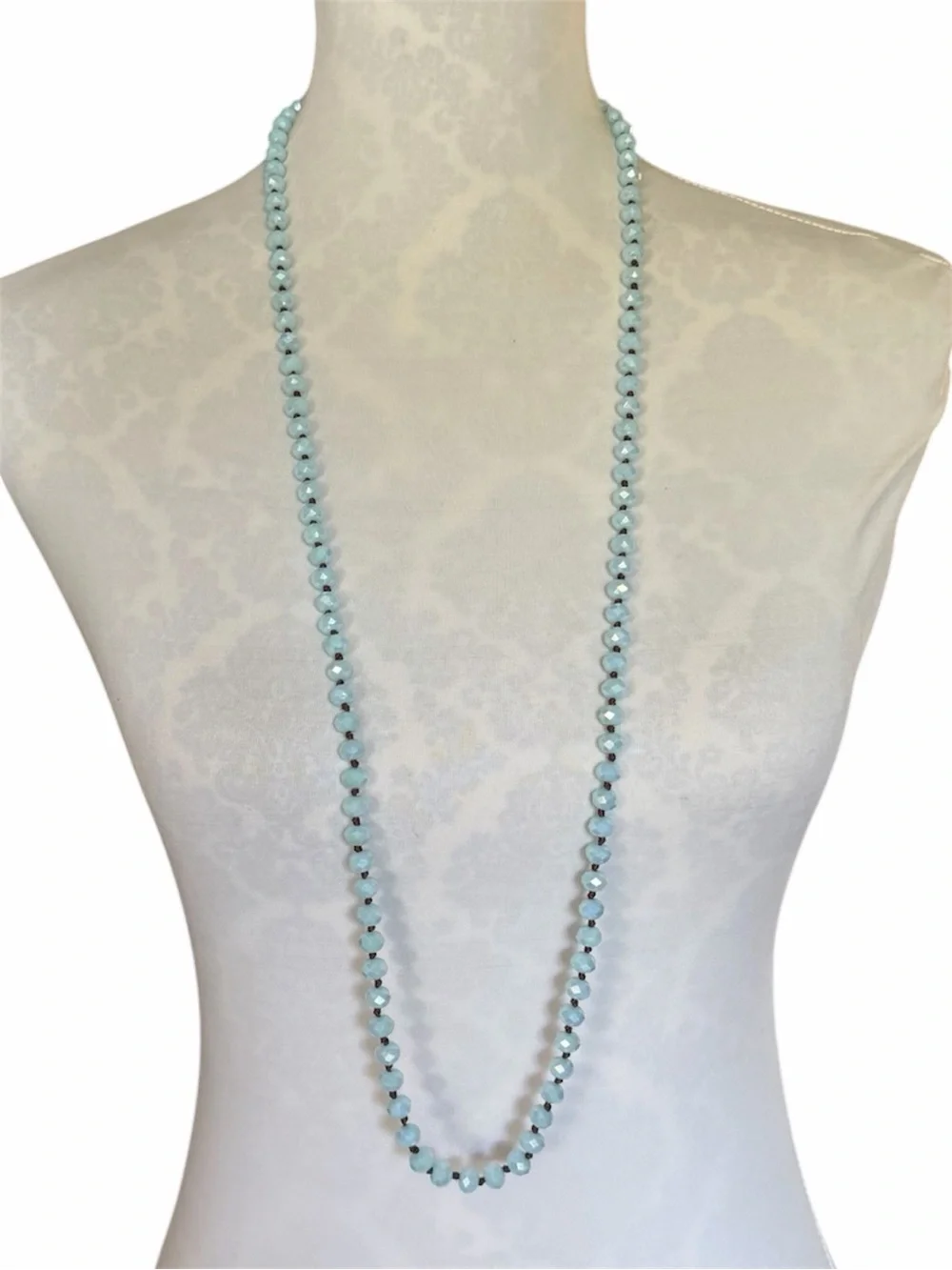 Blue Crystal Glass Beaded Long Necklace Knotted Between Each Bead | Brown Thread